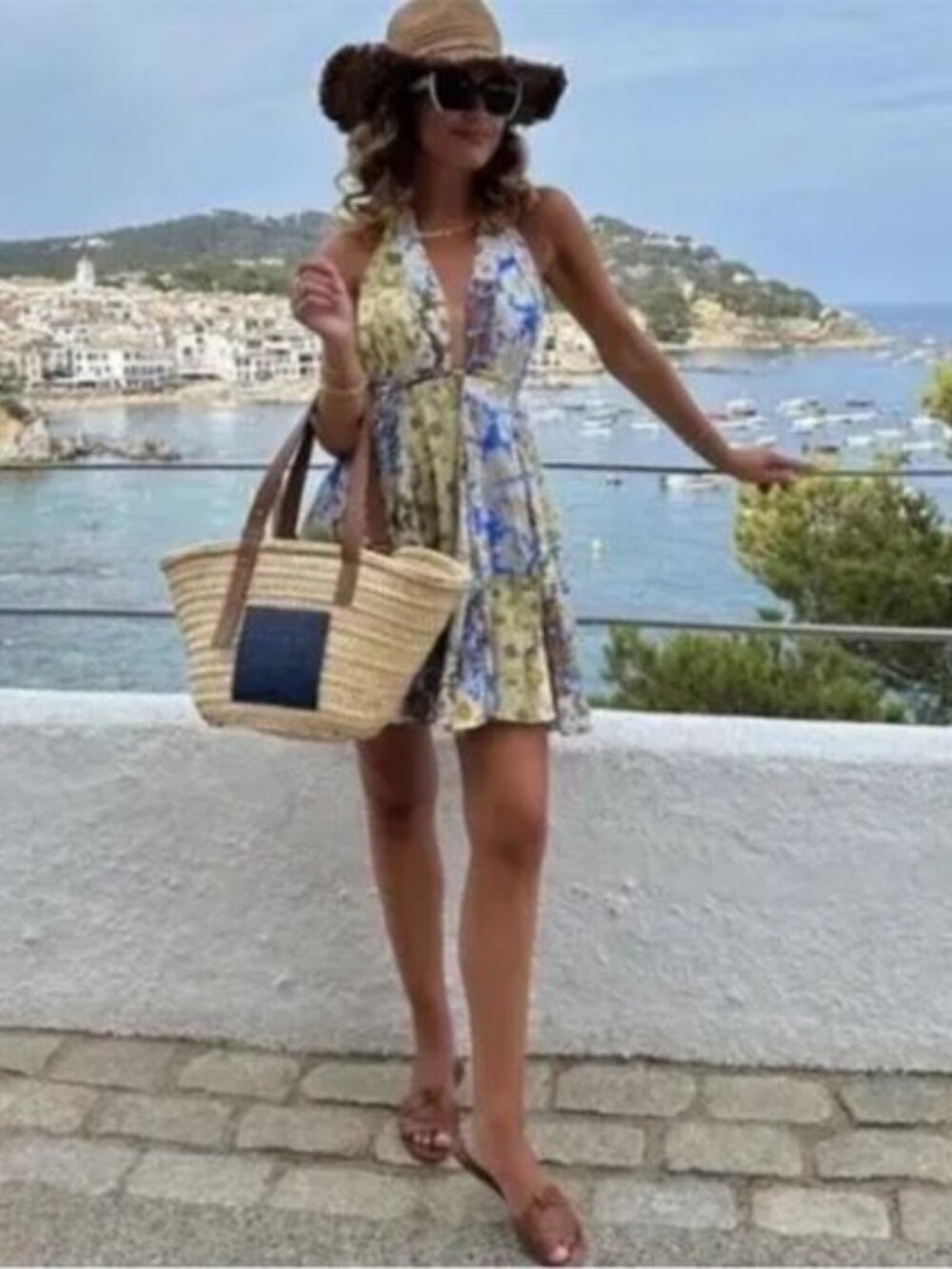 Zara Printed Floral Halter Mini Dress Cotton Blogger Yellow Blue Size Small - Picture 3 of 13